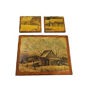 Vintage Winter Barn Farm  Woods Lot Of 3 Country Wall Art Small Pictures  READ
